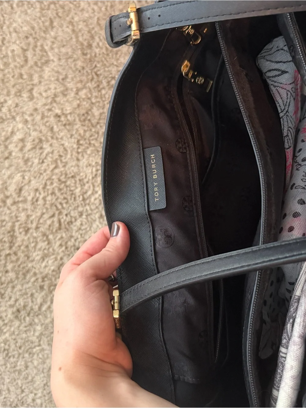 Tory Burch Black Leather Tote with Pink Scarf Accent